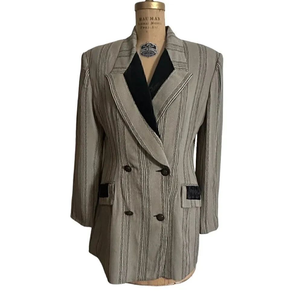 Vintage 80s Taiga striped double breasted blazer w velvet trim collar